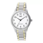   Q&Q férfi karóra, ezüst színű fémtok, bicolor (ezüst+arany) nemesacél csat, fehér számlap, C02A-005PY