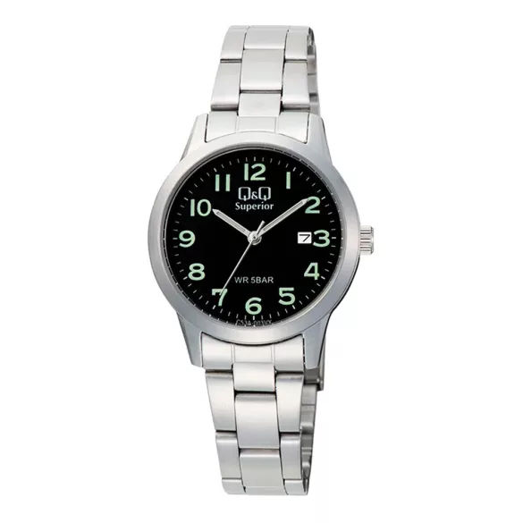 Q&Q női karóra, quartz, ezüst színű nemesacél tok, ezüst színű nemesacél csat, fekete számlap, (Superior), C53A-003VY
