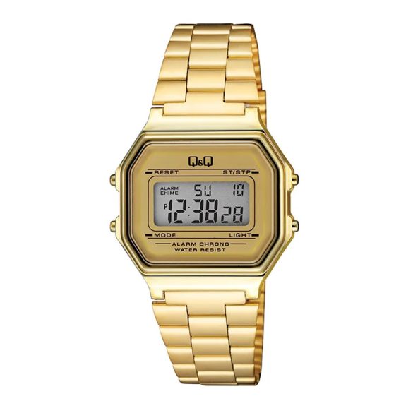 Q&Q digitális karóra, arany színű tok, arany színű nemesacél, LCD kijelzés,  G17A-003JY