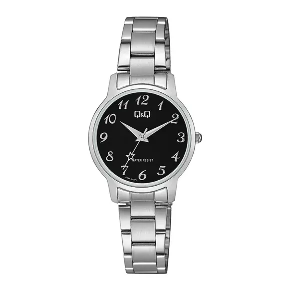 Q&Q női karóra, quartz, ezüst színű fémtok, ezüst színű nemesacél csat, fekete színű számlap, Q48A-002PY