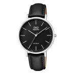   Q&Q férfi karóra, ezüst színű nemesacél tok, fekete bőrszíj, fekete számlap, (Superior), S10A-002VY