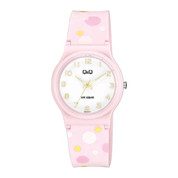 Q&Q női karóra, rózsaszín műanyag tok, rózsaszín műanyag szíj, fehér számlap, V06A-014VY