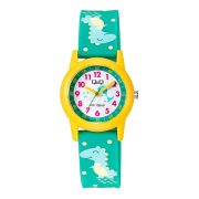   Q&Q gyerek karóra, sárga műanyag tok, zöld figurás szíj, figurás számlap, V22A-023VY