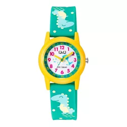   Q&Q gyerek karóra, sárga műanyag tok, zöld figurás szíj, figurás számlap, V22A-023VY