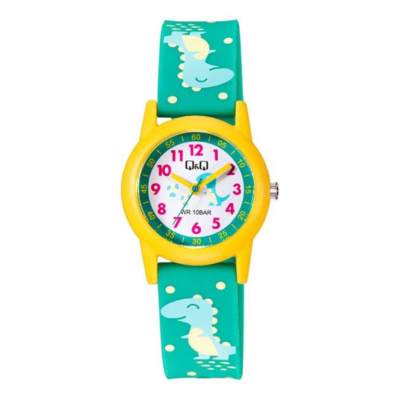 Q&Q gyerek karóra, sárga műanyag tok, zöld figurás szíj, figurás számlap, V22A-023VY