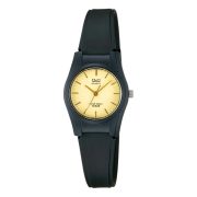Q&Q női karóra, fekete műanyag tok, fekete műanyag szíj, arany színű számlap, műanyag hátlap VQ03J002Y Q&Q női karóra, fekete műanyag tok, fekete műanyag szíj, arany színű számlap, műanyag hátlap VQ03J002Y
