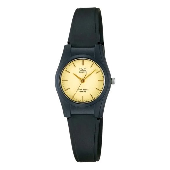 Q&Q női karóra, fekete műanyag tok, fekete műanyag szíj, arany színű számlap, műanyag hátlap VQ03J002Y