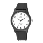   Q&Q férfi karóra, fekete műanyag tok, fekete műanyag szíj, fehér számlap, VR35J023Y