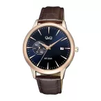   Q&Q férfi karóra, quartz, rózsaarany színű fémtok, barna színű bőrszíj, kék színű számlap, A12A-003PY