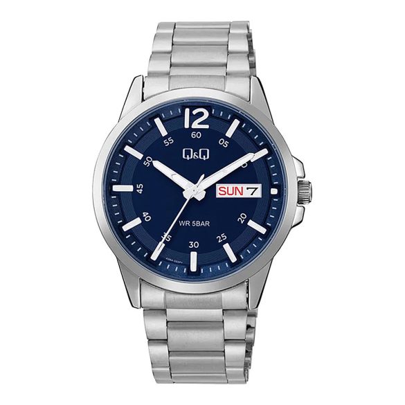 Q&Q férfi karóra, ezüst színű fémtok, ezüst színű nemesacél csat, kék számlap, A36A-003PY