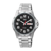   Q&Q férfi karóra, ezüst színű fémtok, ezüst színű nemesacél csat, fekete színű számlap, A37A-004PY