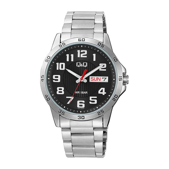 Q&Q férfi karóra, ezüst színű fémtok, ezüst színű nemesacél csat, fekete színű számlap, A37A-004PY