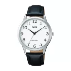   Q&Q férfi karóra, quartz, ezüst színű fémtok, fekete színű bőrszíj, fehér színű számlap, C10A-057PY