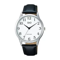   Q&Q férfi karóra, quartz, ezüst színű fémtok, fekete színű bőrszíj, fehér színű számlap, C10A-057PY