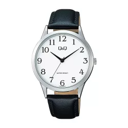   Q&Q férfi karóra, quartz, ezüst színű fémtok, fekete színű bőrszíj, fehér színű számlap, C10A-057PY