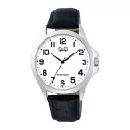   Q&Q férfi karóra, quartz, ezüst színű fémtok, fekete színű bőrszíj, fehér színű számlap, C36A-013PY