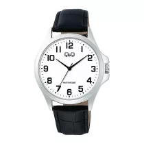   Q&Q férfi karóra, quartz, ezüst színű fémtok, fekete színű bőrszíj, fehér színű számlap, C36A-013PY