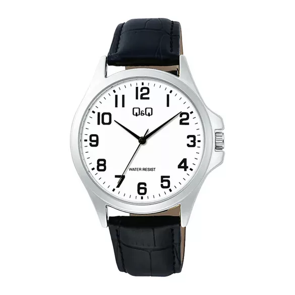 Q&Q férfi karóra, quartz, ezüst színű fémtok, fekete színű bőrszíj, fehér színű számlap, C36A-013PY