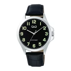   Q&Q férfi karóra, quartz, ezüst színű fémtok, fekete színű bőrszíj, fekete színű számlap, C36A-014PY