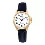   Q&Q női karóra, quartz, arany színű fémtok, fekete színű bőrszíj, fehér színű számlap, C37A-012PY