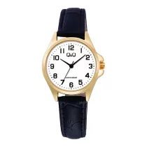   Q&Q női karóra, quartz, arany színű fémtok, fekete színű bőrszíj, fehér színű számlap, C37A-012PY