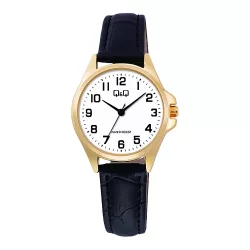   Q&Q női karóra, quartz, arany színű fémtok, fekete színű bőrszíj, fehér színű számlap, C37A-012PY