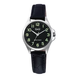  Q&Q női karóra, quartz, ezüst színű fémtok, fekete színű bőrszíj, fekete színű számlap, C37A-014PY