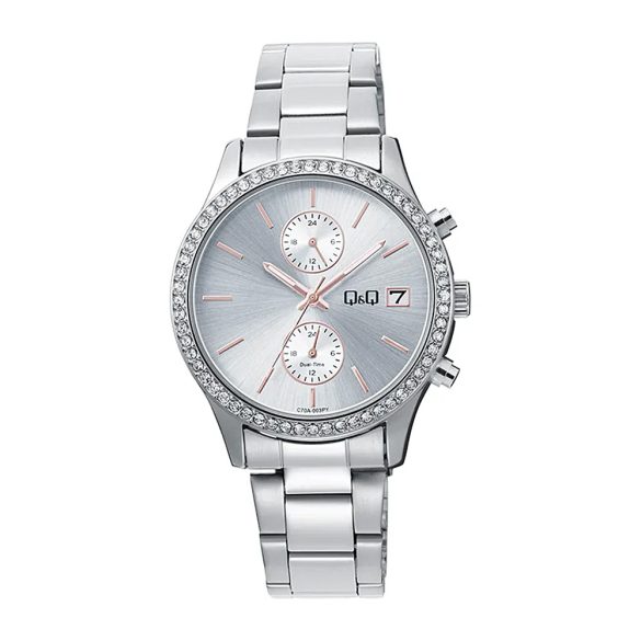 Q&Q női karóra, quartz, ezüst színű fémtok, ezüst színű nemesacél csat, ezüst színű számlap, C70A-003PY