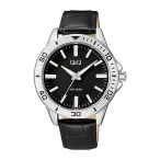   Q&Q férfi karóra, quartz, ezüst színű fémtok, fekete színű bőrszíj, fekete színű számlap, Q28B-006PY