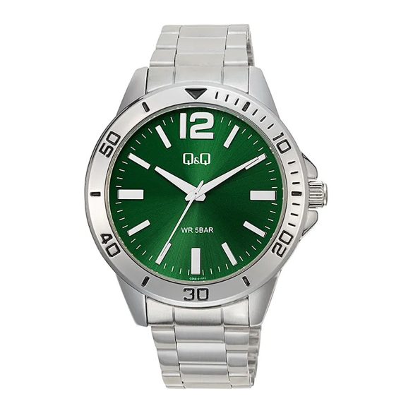 Q&Q férfi karóra, ezüst színű fémtok, ezüst színű nemesacél csat, zöld színű számlap, Q28B-011PY