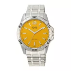   Q&Q férfi karóra, ezüst színű fémtok, ezüst színű nemesacél csat, sárga színű számlap, Q60A-001PY