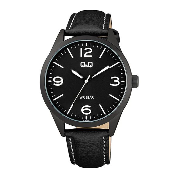 Q&Q férfi karóra, quartz, fekete színű fémtok, fekete színű bőrszíj, fekete színű számlap, Q77B-002PY