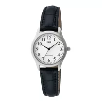   Q&Q női karóra, ezüst színű fémtok, fehér színű számlap, fekete színű bőrszíj C03A-007PY
