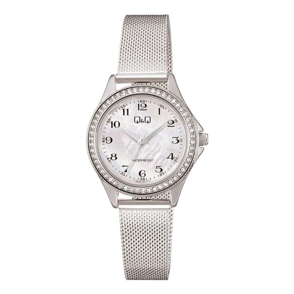 Q&Q női karóra, ezüst színű fémtok, gyöngyház színű számlap, ezüst színű fémcsat C80A-001PY