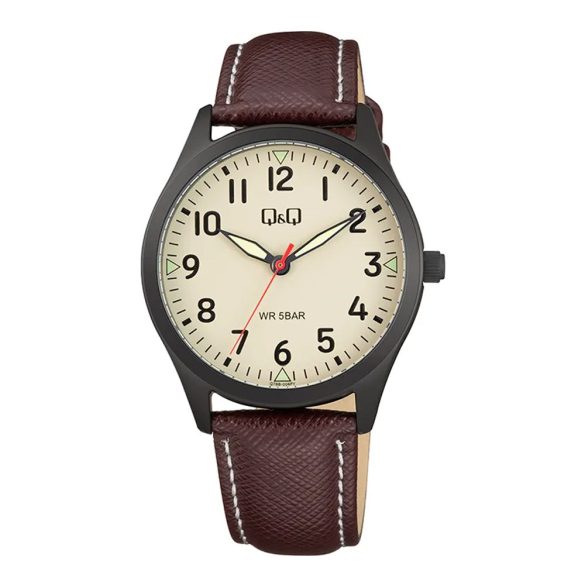 Q&Q nő karóra, fekete színű fémtok, szürke színű számlap, barna színű bőrszíj Q76B-004PY
