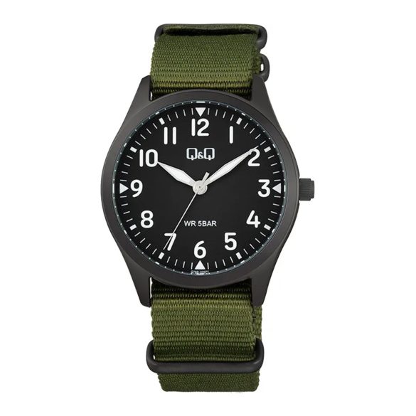 Q&Q férfii karóra,fekete színű fémtok, fekete színű számlap, zöld színű NATO szíj Q76B-005PY