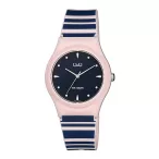   Q&Q női karóra, rózsaszín színű műanyag tok, kék színű számlap, rószaszín színű kék mintás műanyag szíj V10A-003VY