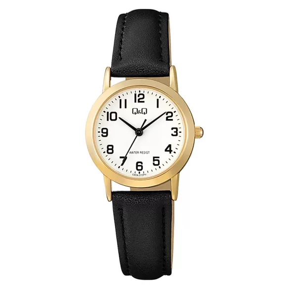 Q&Q női karóra, quartz, arany színű tok, fekete színű bőrszíj, fehér számlap  C40A-010PY