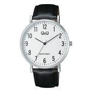   Q&Q férfi karóra, quartz, ezüst színű tok, fekete színű bőrszíj, fehér számlap   C43A-001PY