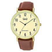   Q&Q férfi karóra, quartz, arany színű tok, barna színű bőrszíj, sárga számlap  C43A-004PY