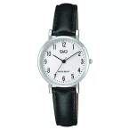   Q&Q női karóra, quartz, ezüst színű tok, fekete bőrszíj, fehér számlap  C66A-003PY