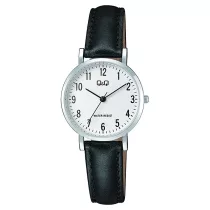   Q&Q női karóra, quartz, ezüst színű tok, fekete bőrszíj, fehér számlap  C66A-003PY