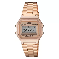   Q&Q digitális karóra, rózsaarany színű tok, rózsaarany színű fémcsat, LCD kijelzés,  G17A-004JY