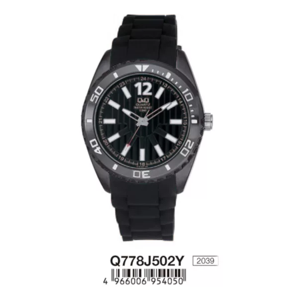 Ceas bărbătesc Q&Q quartz, curea de silicon, carcasă neagră, Q778J502Y