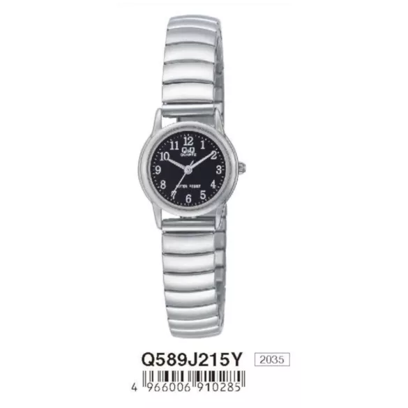 Ceas damă Q&Q quartz, carcasă și brățară elastică argintiu, cadran negru, Q589J215Y