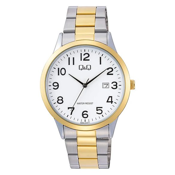 Q&Q férfi karóra, quartz, bicolor színű fémtok, bicolor színű nemesacél csat, fehér számlap A44A-003PY