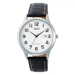   Q&Q férfi karóra, quartz, ezüst színű fémtok, fehér számlap, fekete színű bőrszíj A44A-004PY