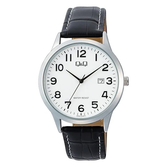 Q&Q férfi karóra, quartz, ezüst színű fémtok, fehér számlap, fekete színű bőrszíj A44A-004PY