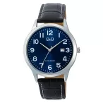   Q&Q férfi karóra, quartz, ezüst színű fémtok, kék számlap, fekete színű bőrszíj A44A-005PY