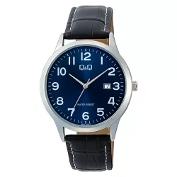   Q&Q férfi karóra, quartz, ezüst színű fémtok, kék számlap, fekete színű bőrszíj A44A-005PY